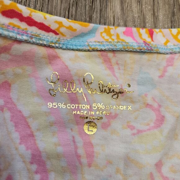Lilly Pulitzer Etta Vneck Top Womens L Pink Blue Shells Tshirt Preppy Tropical - Picture 6 of 8